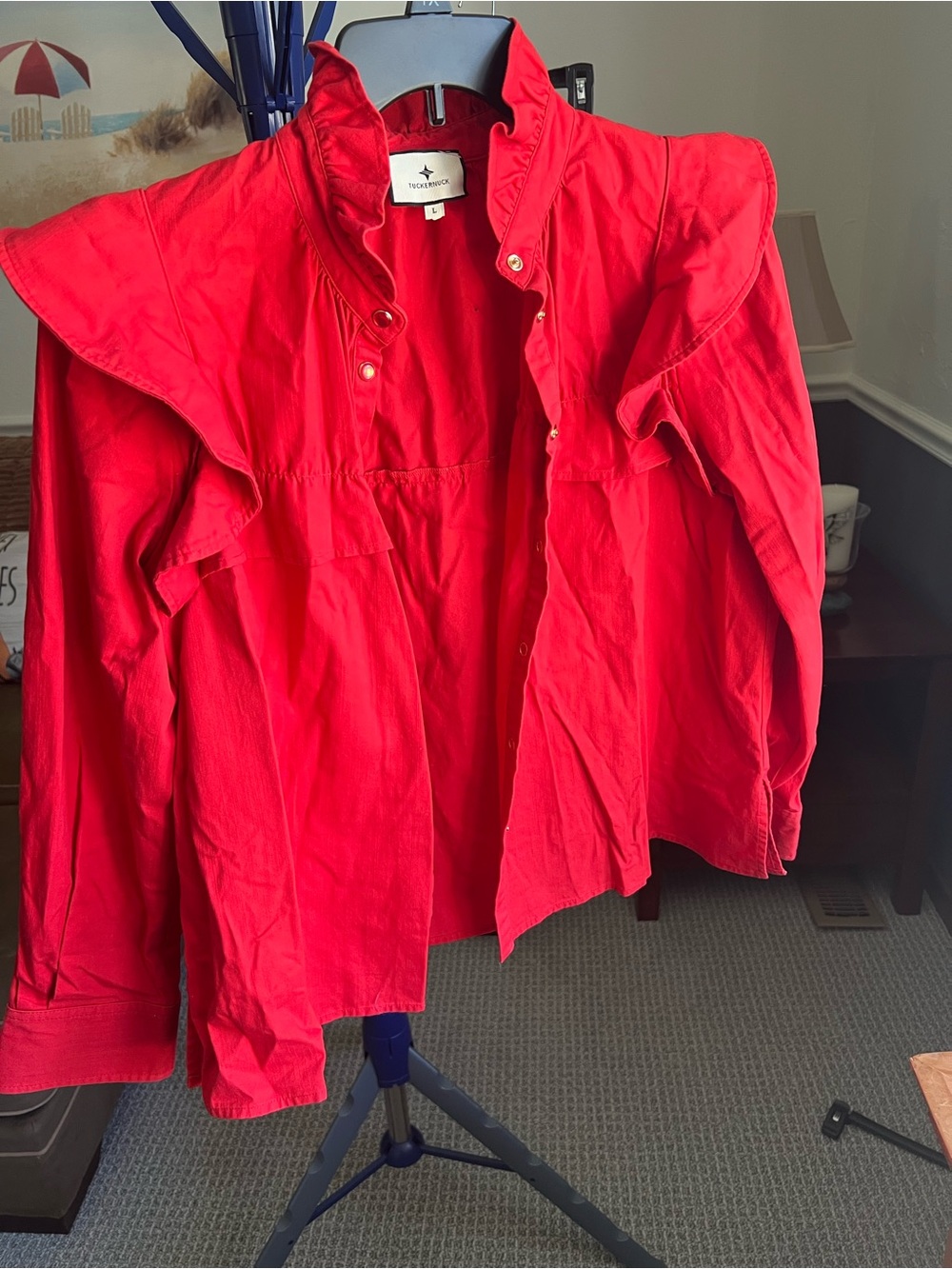Tuckernuck Red Solid High Long Sleeve Ruffle Button-Up Cotton Blouse L #360